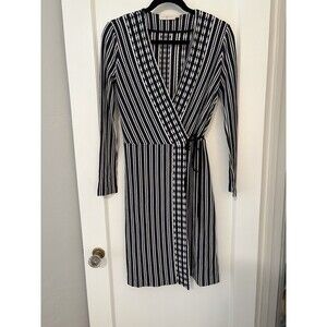 Tory Burch Wrap Dress Black Blue White Stripe Long Sleeve Knit Belted Classic